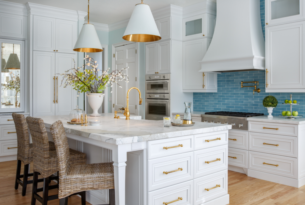 Picture of white and blue kitchen