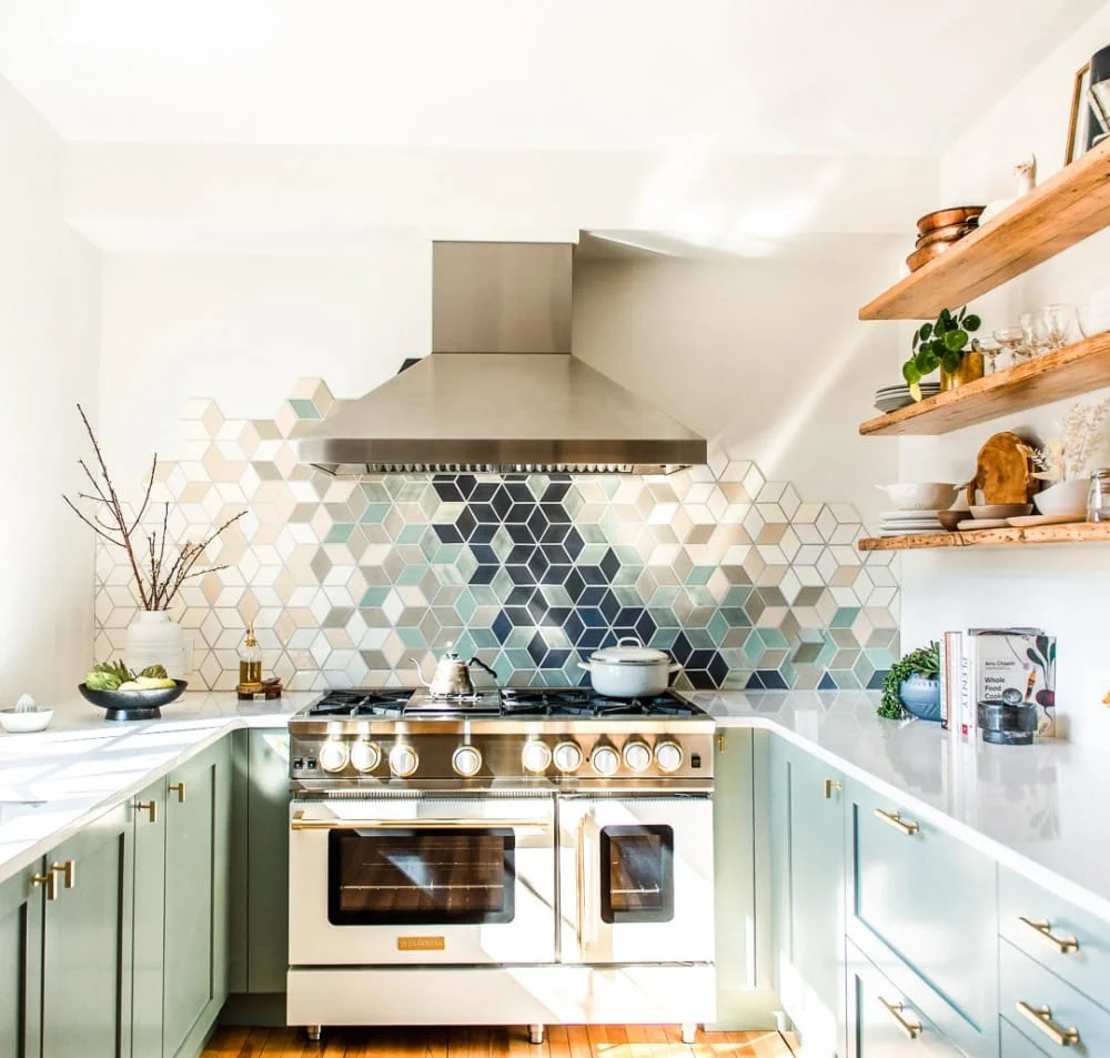Picture of the white blue star range in large kitchen